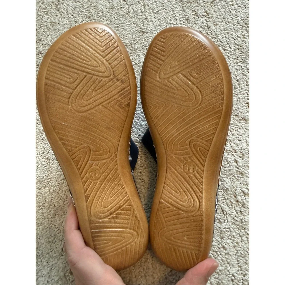 Bunion Corrector Navy & Red Leather Flower Wedge Sandals‎ Size 38 EU Gently Worn